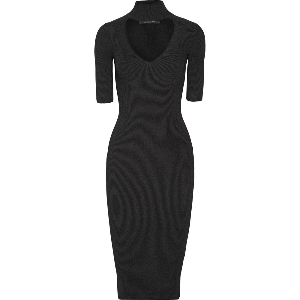 Cushnie Et Ochs Knit Black Ribbed High Neck Cutout Midi Dress S Minimalist
